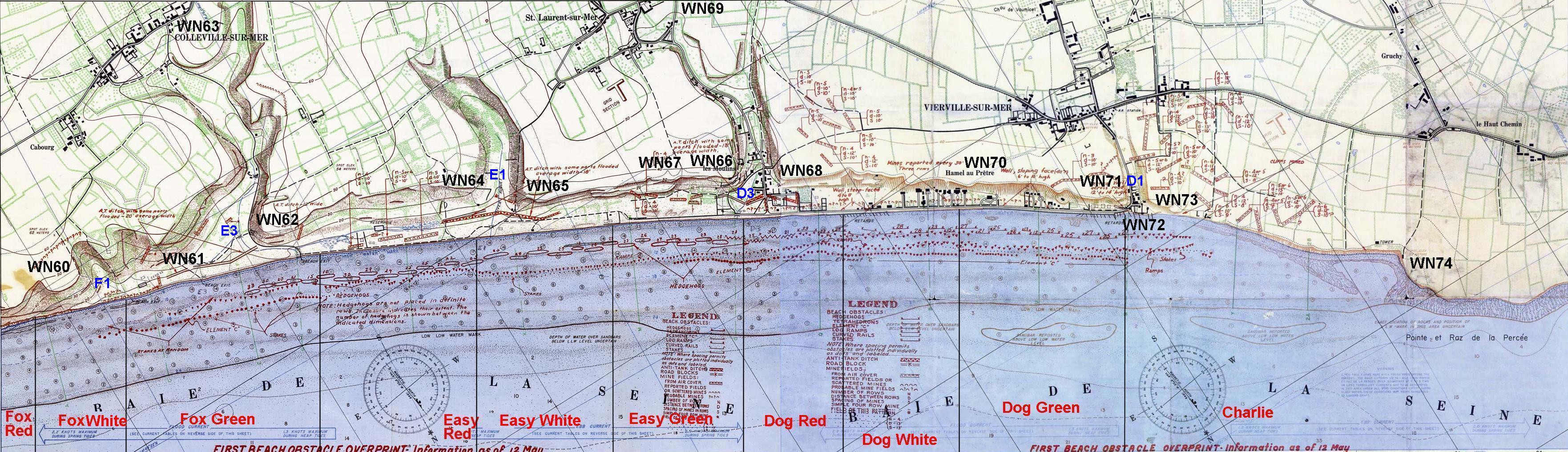Annotated historical map of Omaha Beach, showing the sectors from Charlie to Fox Red, villages and strongpoints.