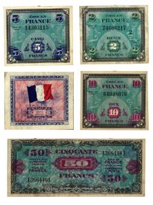 Eine Banknote in Franken, hergestellt von den Alliierten, um im befreiten Frankreich zu dienen, von De Gaulle falsche Währung genannt.