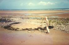 (détails) Les traces d'un cratère de bombe ou d'obus sur la plage de Vierville. Le bourrelet noir montre que la bombe s'est enfoncée dans la tourbe avant d'exploser. Simo