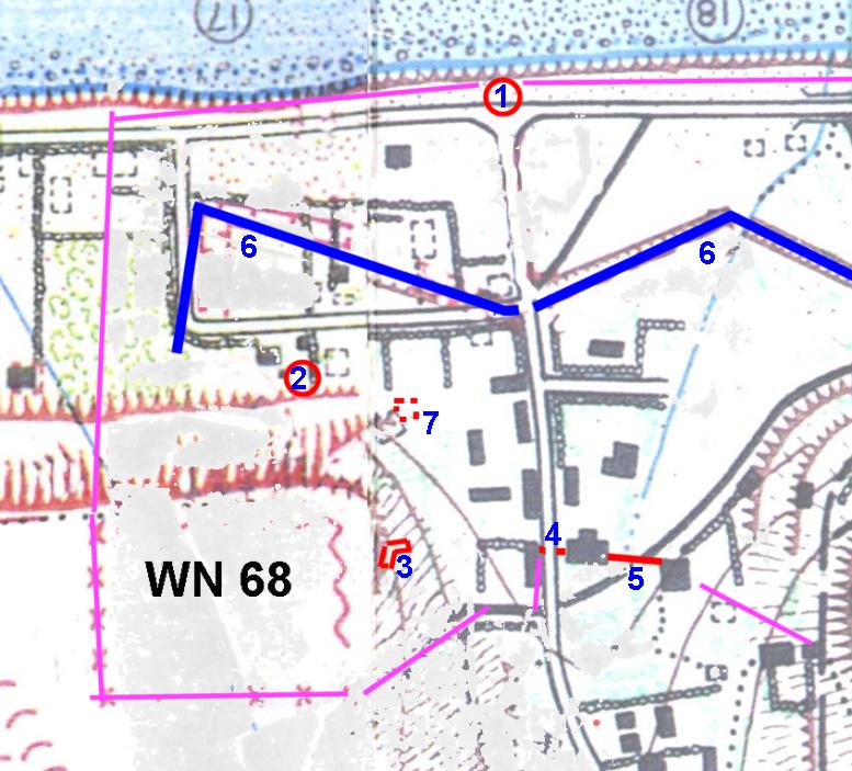 Karte des WN 68, in Panzerabwehrgrabenblau, in Stachelviolett (sehr ungefähre Spur)