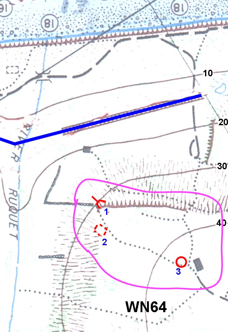 603 Le WN 64 . La zones fortifiée WN 64 étaient installée à l'Est du vallon du Ruquet, sur la colline (en fait sur le territoire de la commune de Colleville). Peu importa