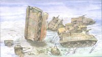 (détails) Voici les 4 M7 du LCT qui transportait John Glass, tel que les a retrouvé M. Lemonchois, avec les remorques à munitions et un half-track (détails)