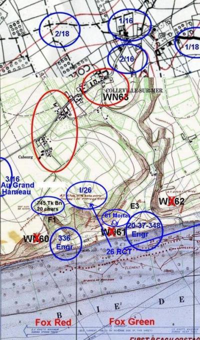 (details) the positions on the evening of June 6, in the area of Colleville