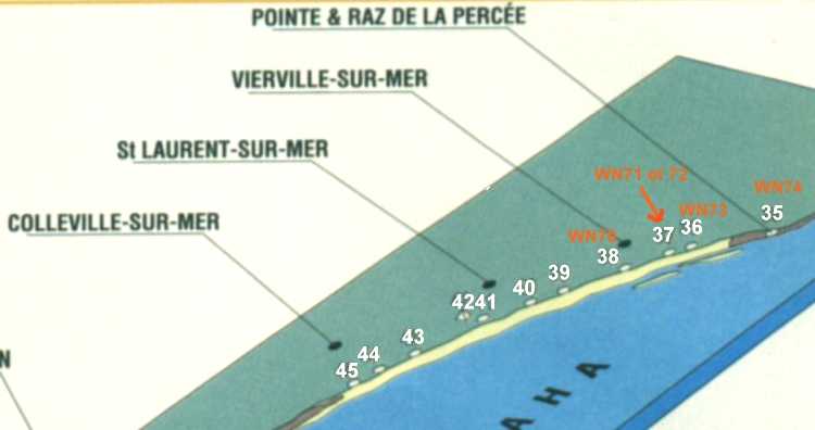 Plan des zones fortifiées visées par les bombardements sur Omaha Beach.