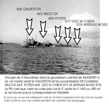 (détails) La digue vue du large, à droite le LST212 vu de l'arrière (détails) remarquer les LCM à couple d'un cargo sabordé qui doit servir de casernement pour les équipa